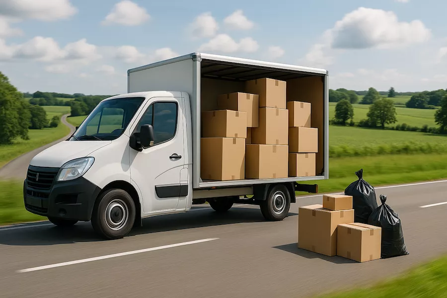 Flyttbil på en landsväg med flyttkartonger och grönt landskap i bakgrunden