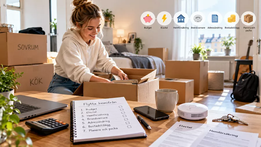 Ung kvinna packar upp flyttkartonger i sin första lägenhet. På bordet ligger en checklista för att flytta hemifrån, miniräknare, elavtal, hemförsäkring och brandvarnare.